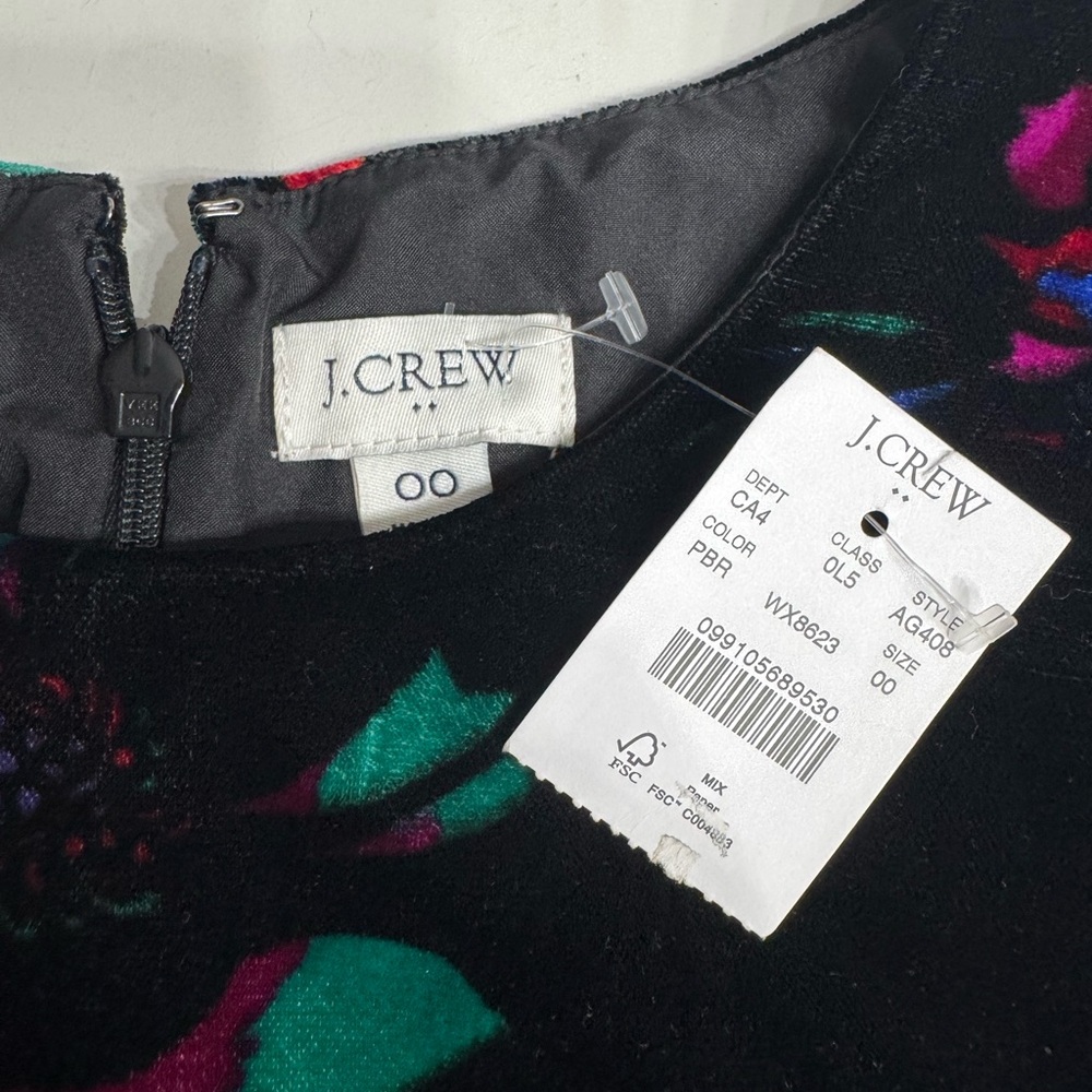 J. Crew NWT Velour Velvet Black Floral Flutter Sleeve Ruffle Dress Size 00 - Picture 2 of 7